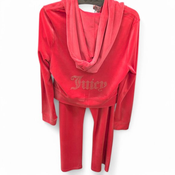 JUICY COUTURE BLING Velour TRACKSUIT Size L Pants + Hoodie 2 Piece Set Hot Pink - Picture 7 of 16